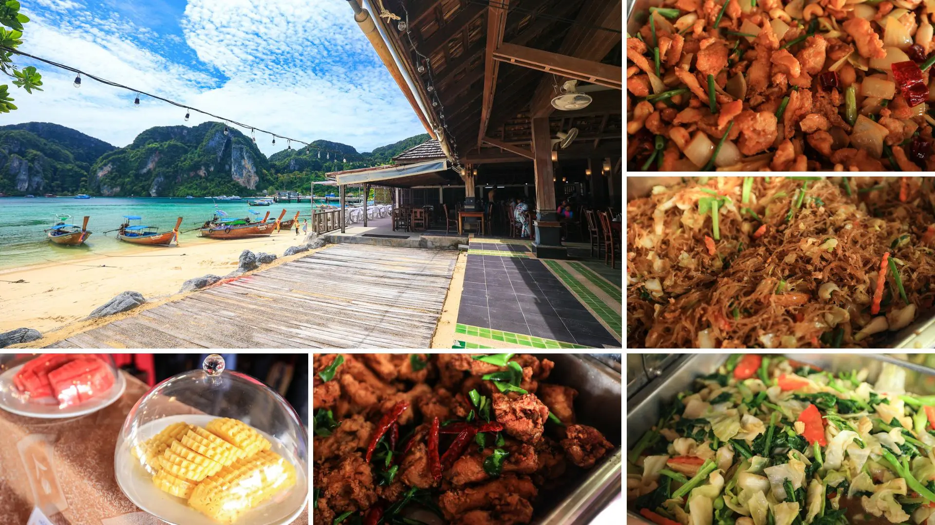 Colagem com a esplanada de madeira de um restaurante junto à praia e travessas de salteados, massa, frango e fruta