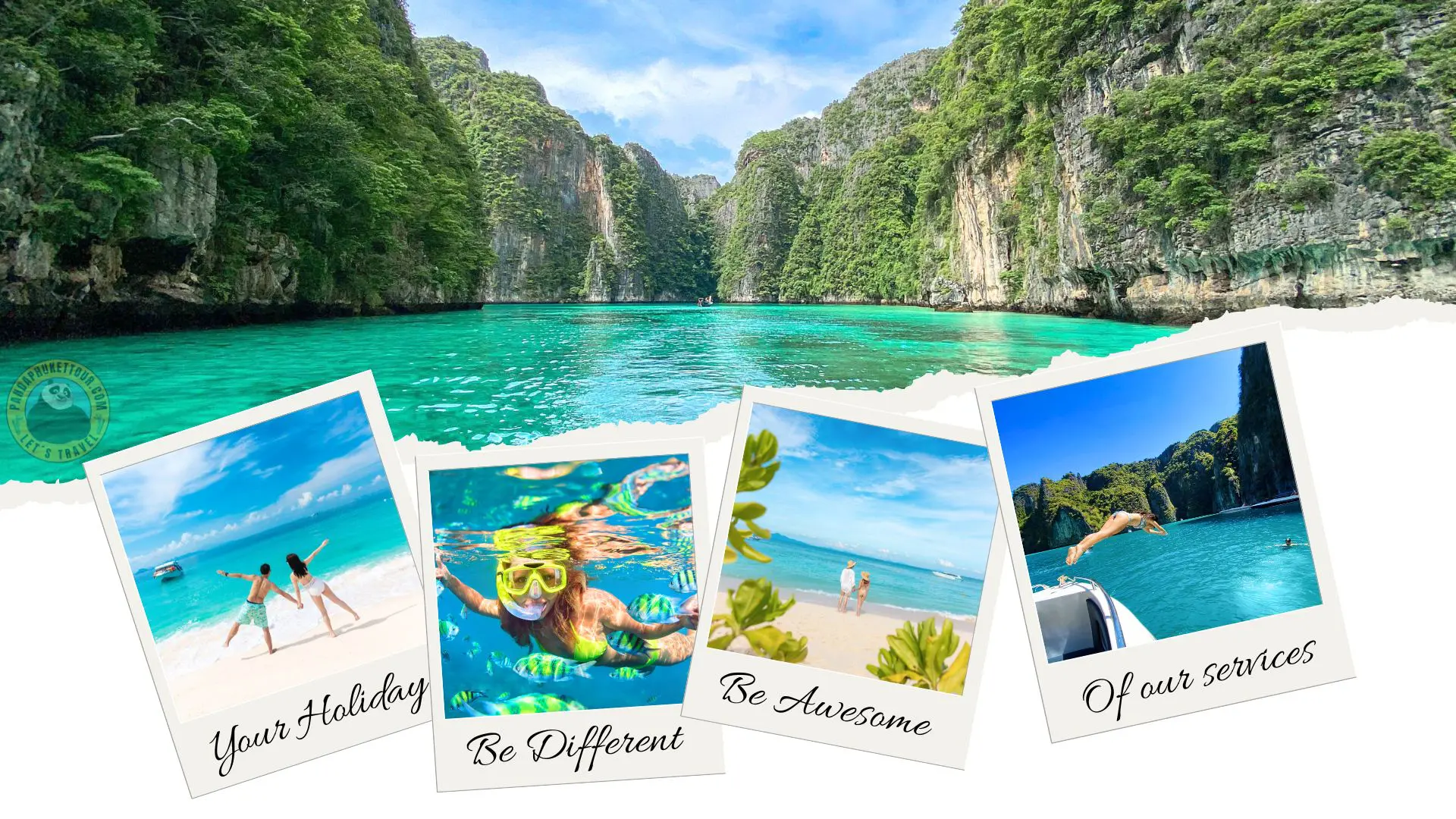 Colagem com uma lagoa turquesa entre falésias e polaroides de um casal, snorkel e um salto para a água