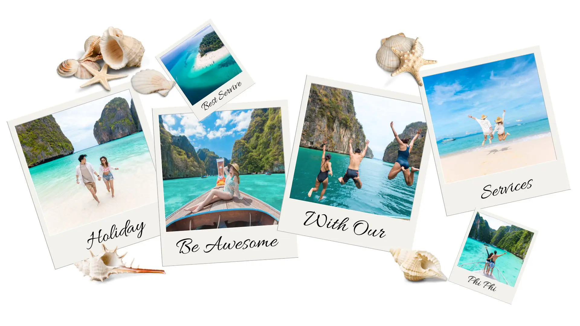 Montagem de seis polaroides com casais na praia, saltos para a água e uma ilha de areia, entre búzios