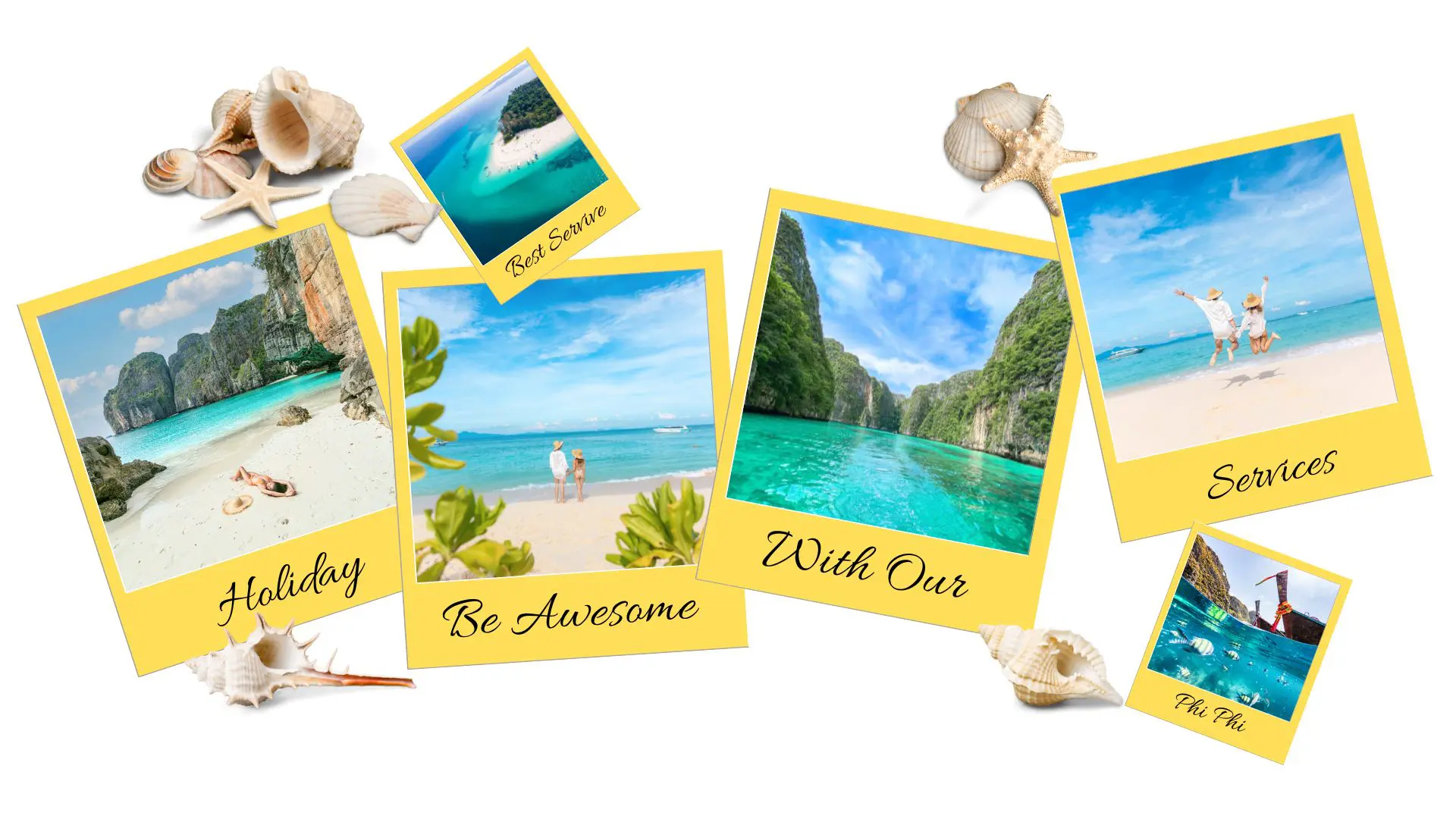 Collage de polaroids con playas y acantilados de Phi Phi, decorado con conchas y estrellas de mar