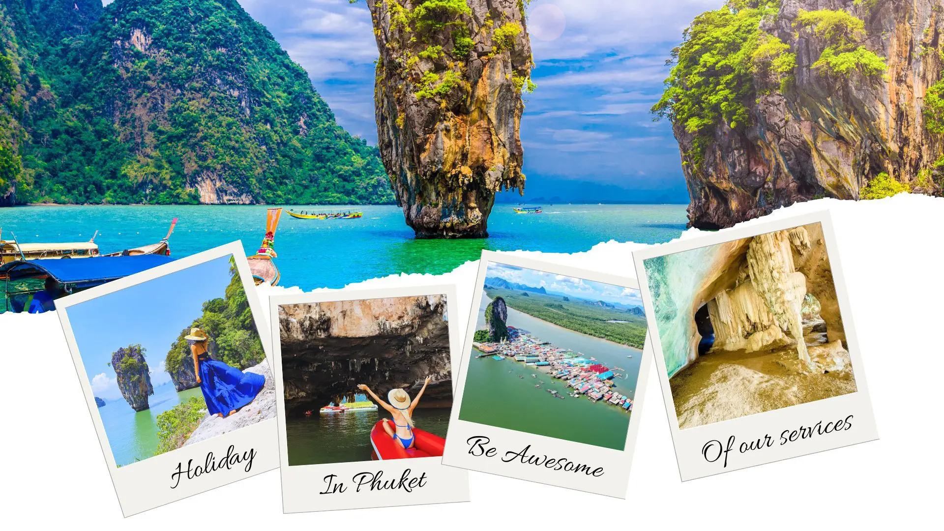 Collage con Khao Ta-Pu al fondo y polaroids de una canoa en la cueva, el pueblo de Koh Panyee y estalactitas