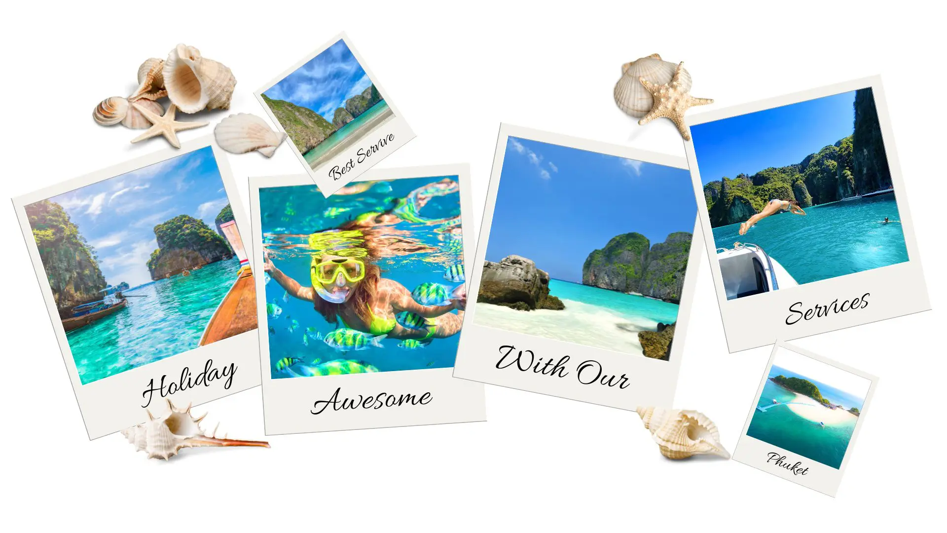Collage de polaroids con conchas: barcas, snorkel entre peces, una playa y un salto al mar, con textos en inglés