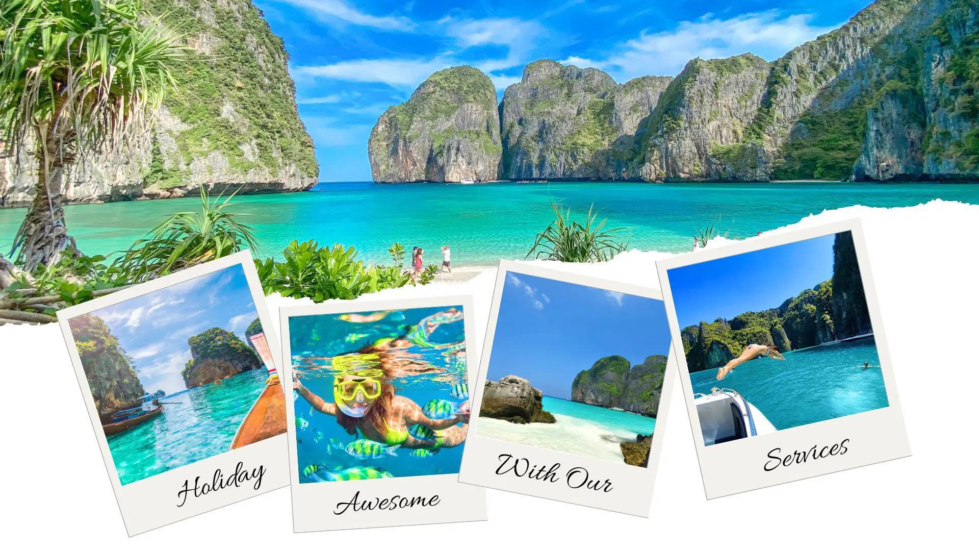 Collage con Maya Bay entre acantilados y postales de una barca de cola larga, una chica haciendo snorkel y un salto al mar