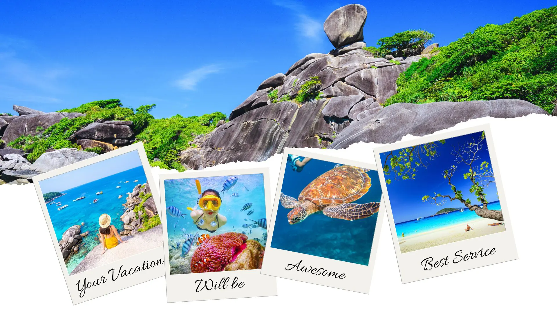 Colagem de quatro polaroids (miradouro, snorkel, tartaruga e praia) sob um penedo em equilíbrio sobre granito e selva