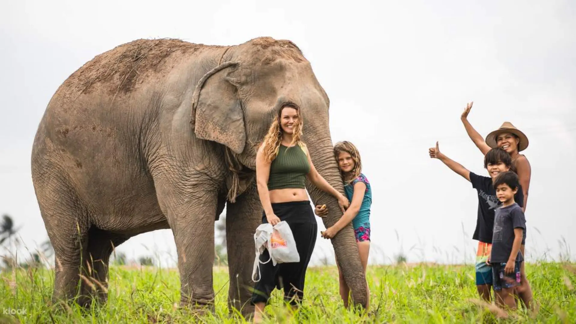 Duas mulheres e três crianças posam com um elefante num prado; uma menina abraça-lhe a tromba e um rapaz levanta o polegar