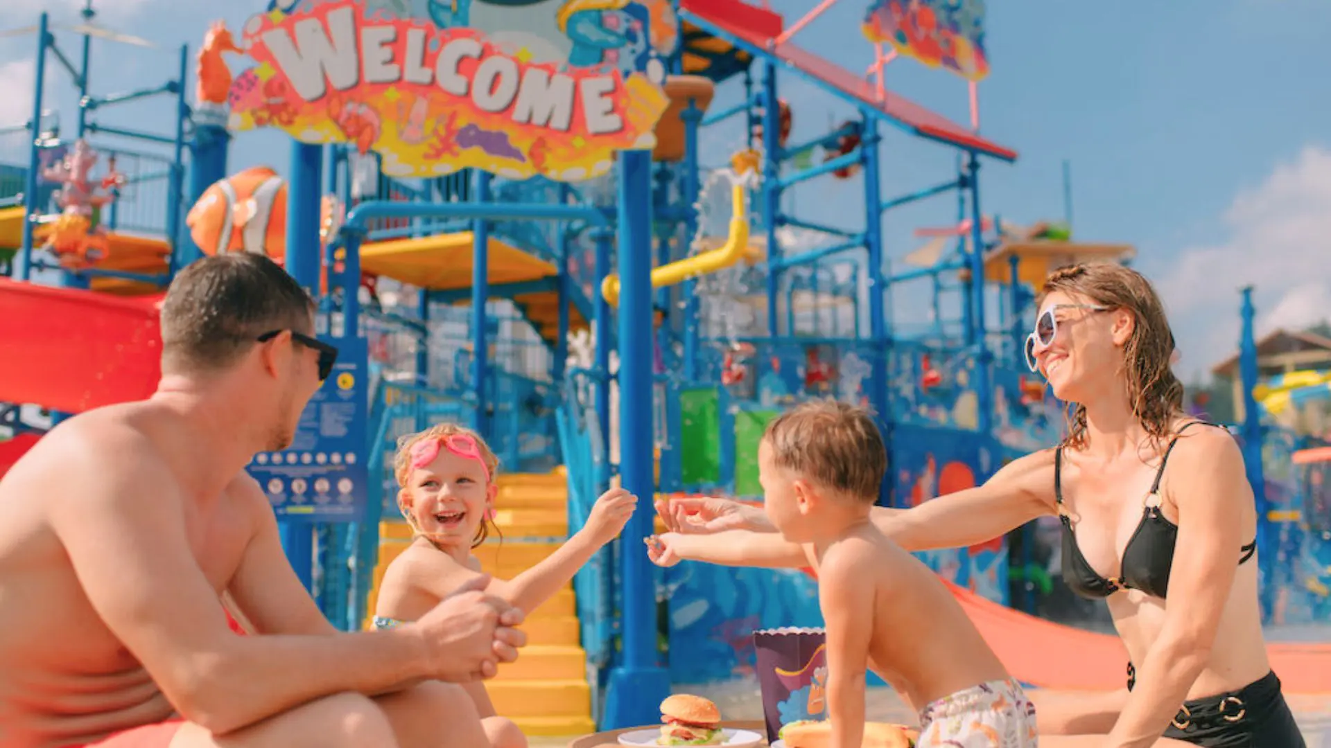 Pais e duas crianças pequenas brincam sentados junto a um hambúrguer, sob o letreiro «Welcome» da zona infantil
