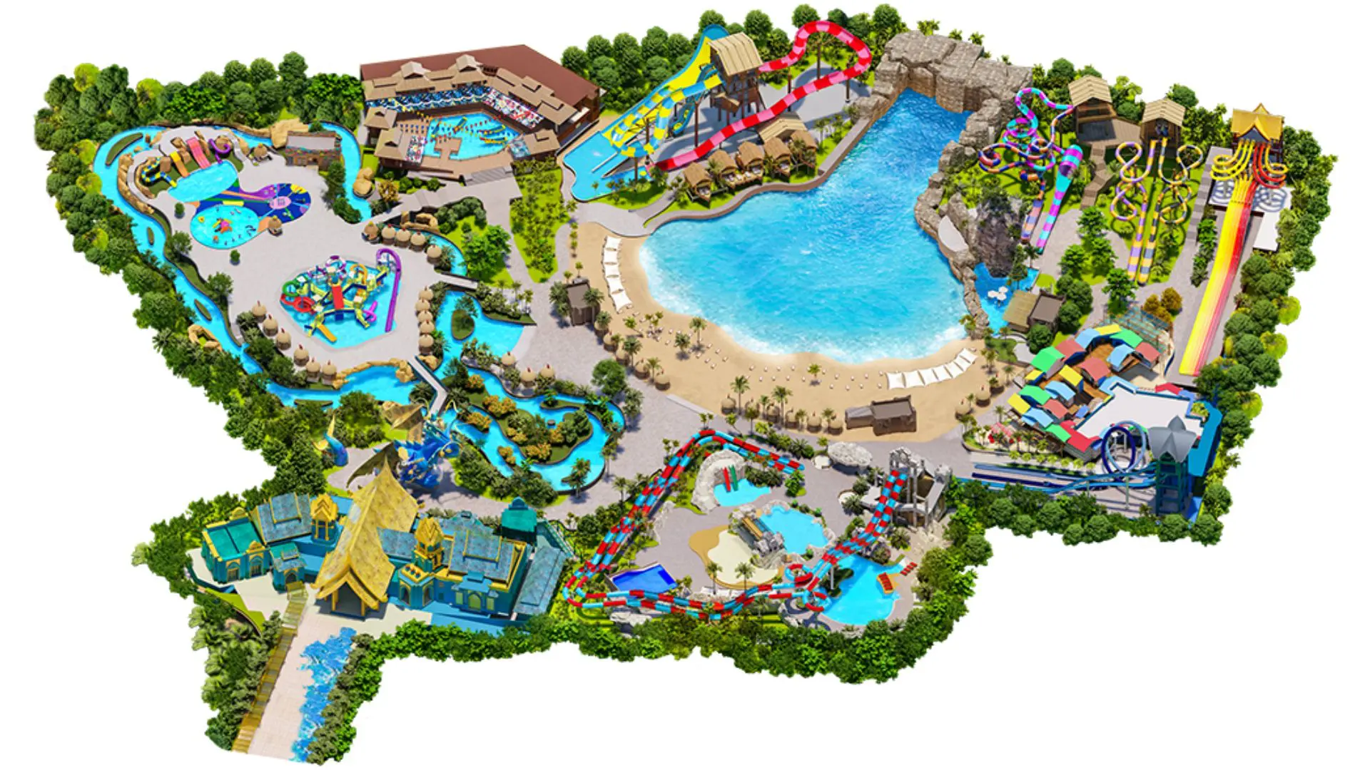Mapa ilustrado do parque aquático Andamanda visto do ar, com piscina de ondas, escorregas e rio lento