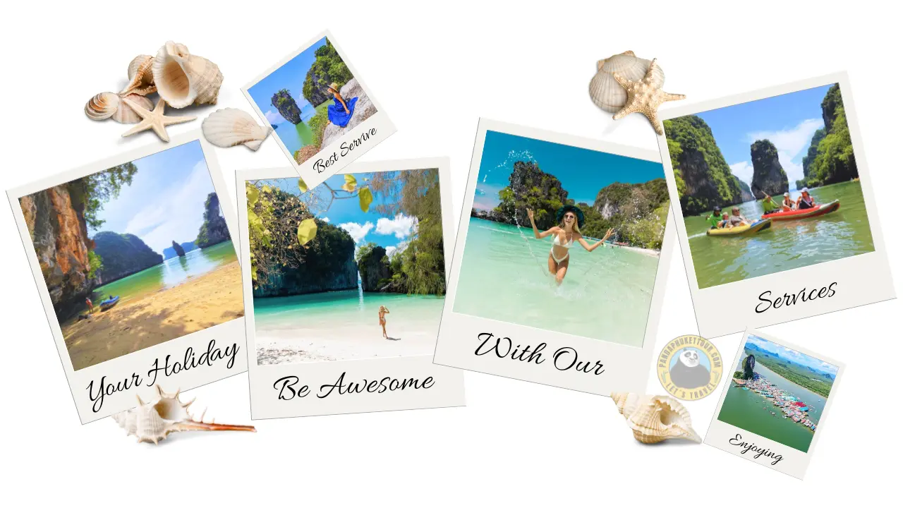 Colagem de fotos tipo polaroid com praias, falésias, caiaque e a aldeia flutuante, entre conchas marinhas