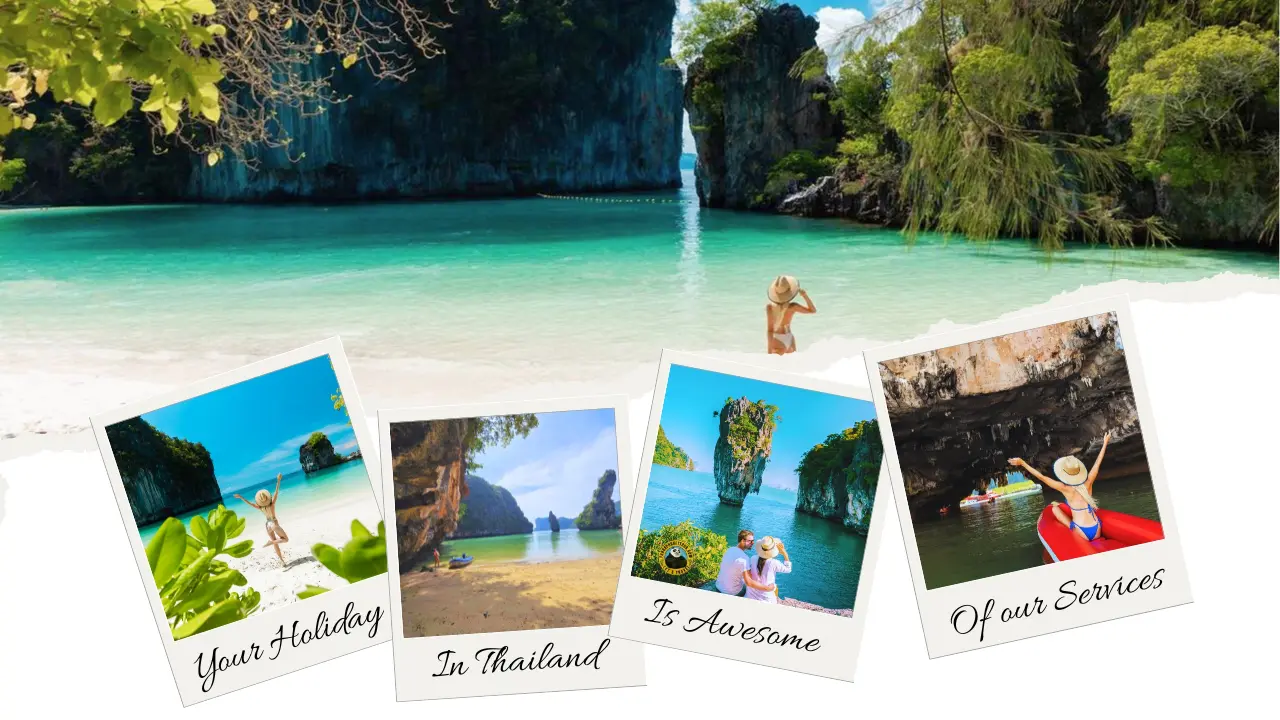 Colagem com quatro polaroides de praias e canoas sobre uma lagoa de falésias onde posa uma banhista
