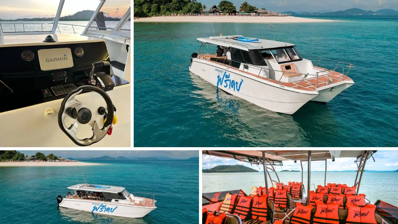 Collage de un catamarán a motor blanco con rótulo azul en tailandés, puesto de mando con timón y chalecos naranjas