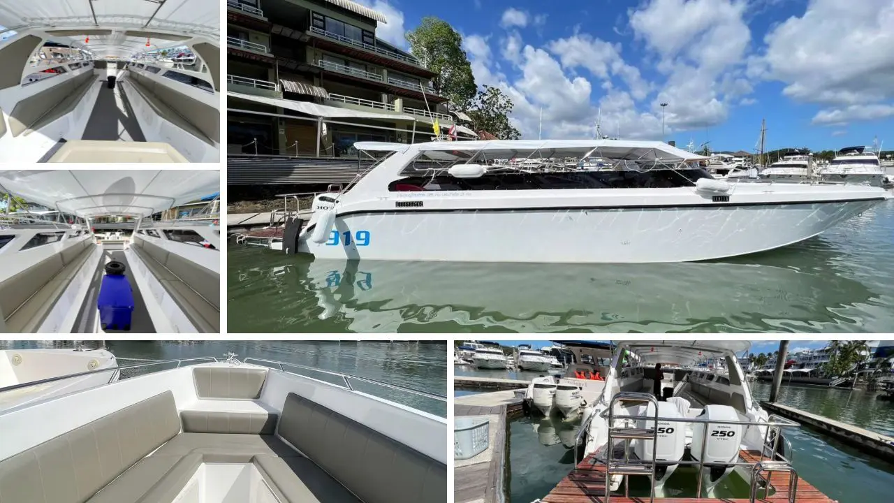 Collage de una lancha blanca con el número 919 amarrada en una marina, con asientos gris claro y dos motores