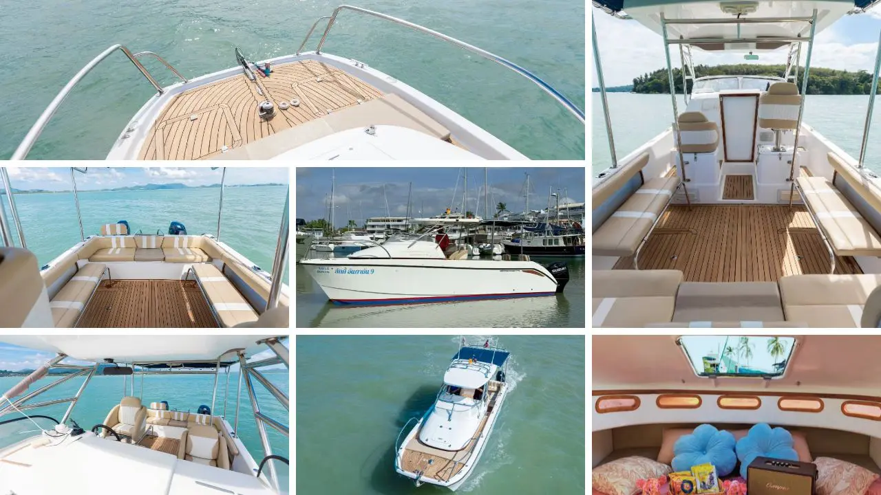Collage de una lancha con cubierta de teca y sofás beige, vista en una marina y desde el aire, y camarote con cojines