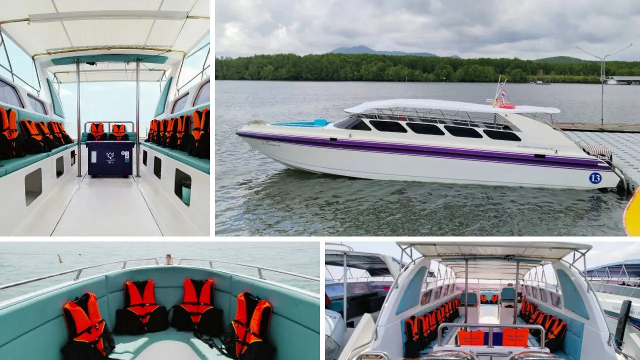 Collage de una lancha blanca y morada con el número 13 en un muelle, con asientos turquesa y chalecos naranjas