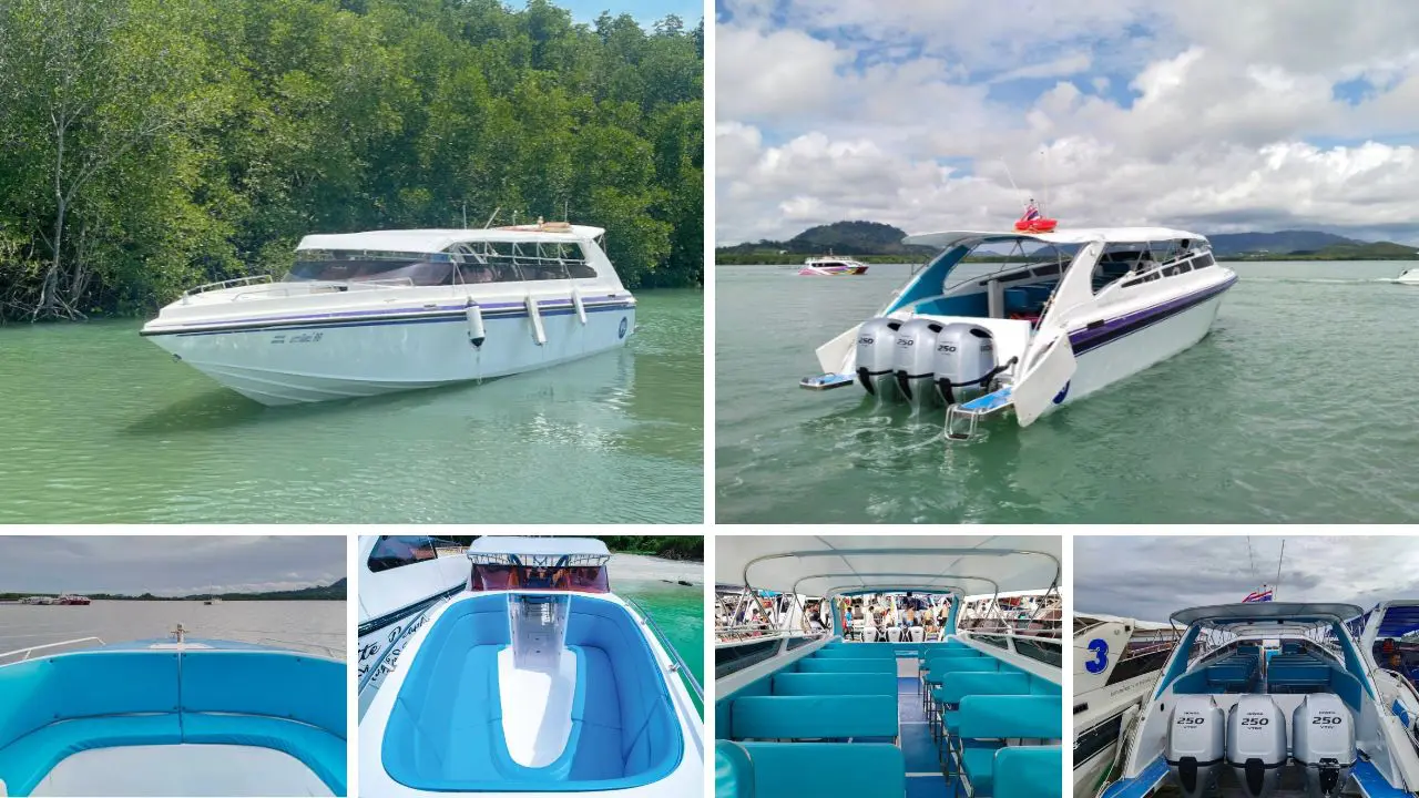 Collage de una lancha blanca con tres motores fueraborda de 250 y asientos azul celeste, fondeada junto a manglares