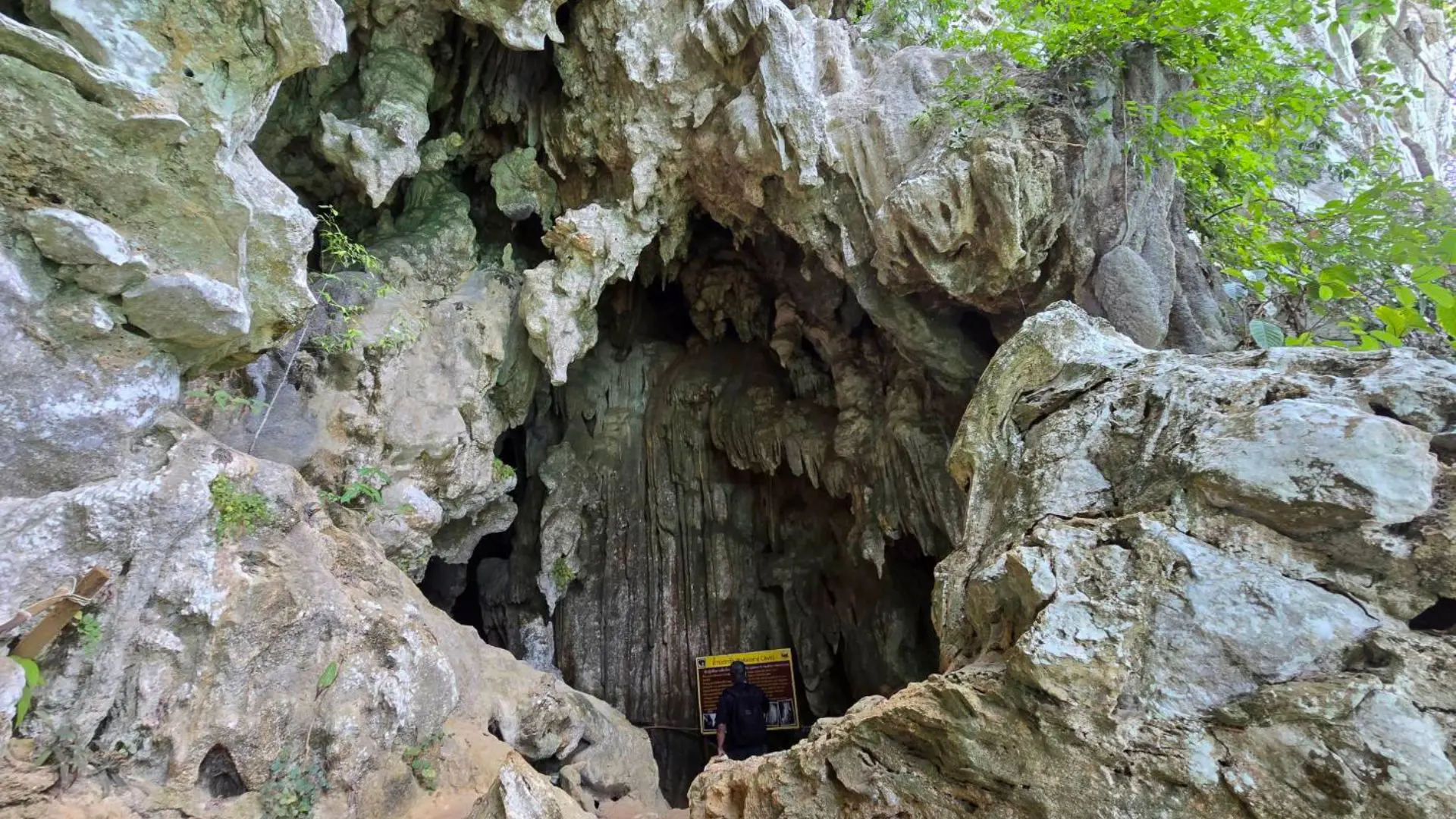Entrada de una cueva de roca caliza con estalactitas; un visitante de espaldas lee un cartel informativo