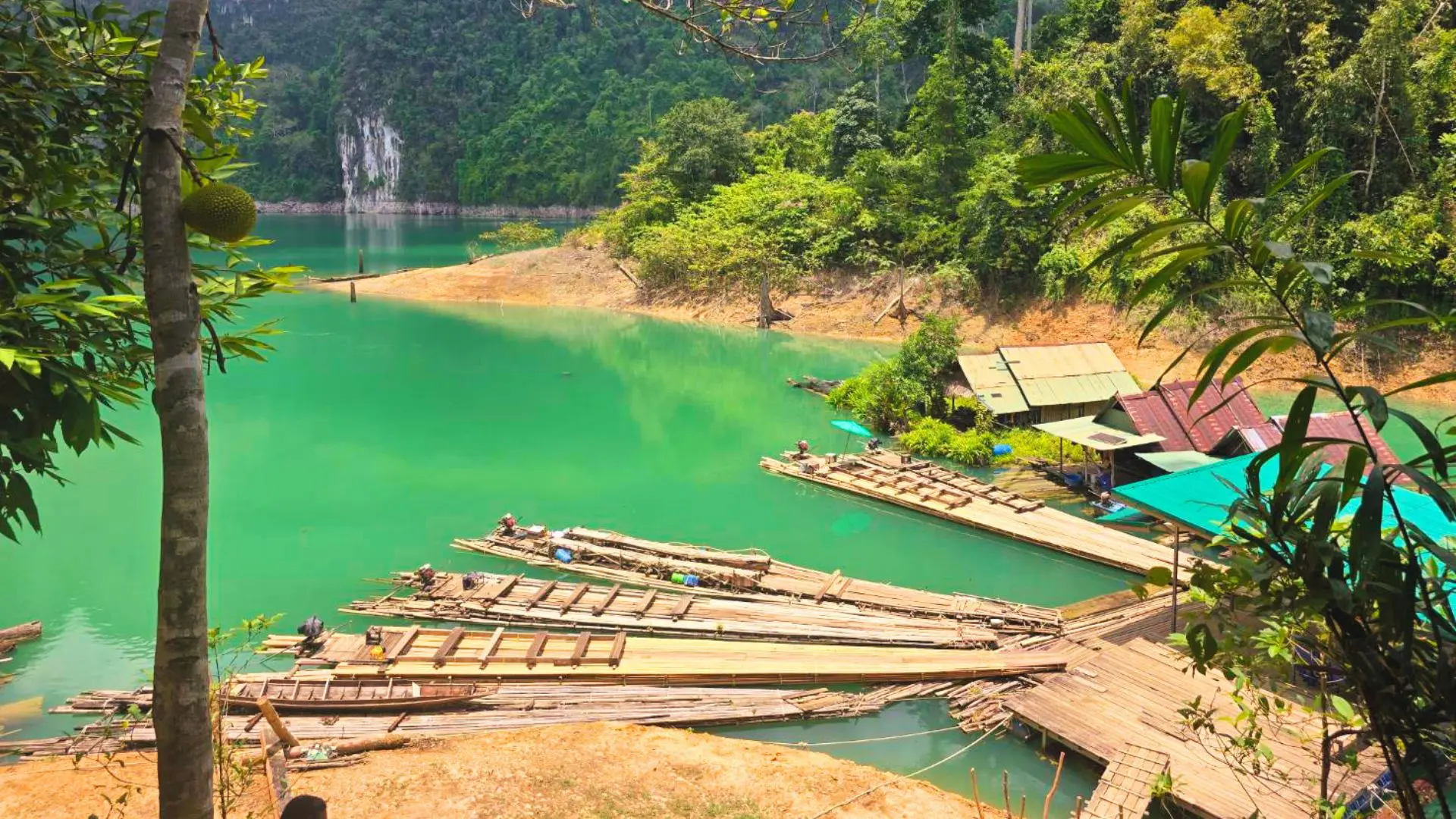 Balsas de bambú y barcas de cola larga amarradas junto a casas flotantes en el lago verde