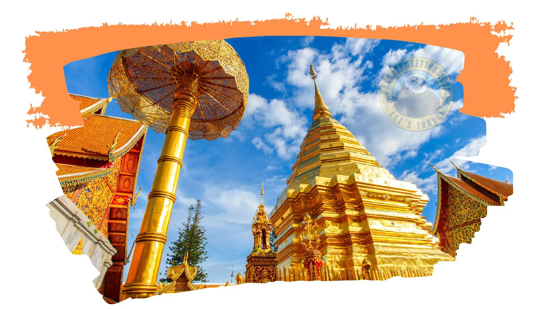 Chedi dourado e guarda-sol cerimonial de Doi Suthep, com os telhados do templo sob um céu azul