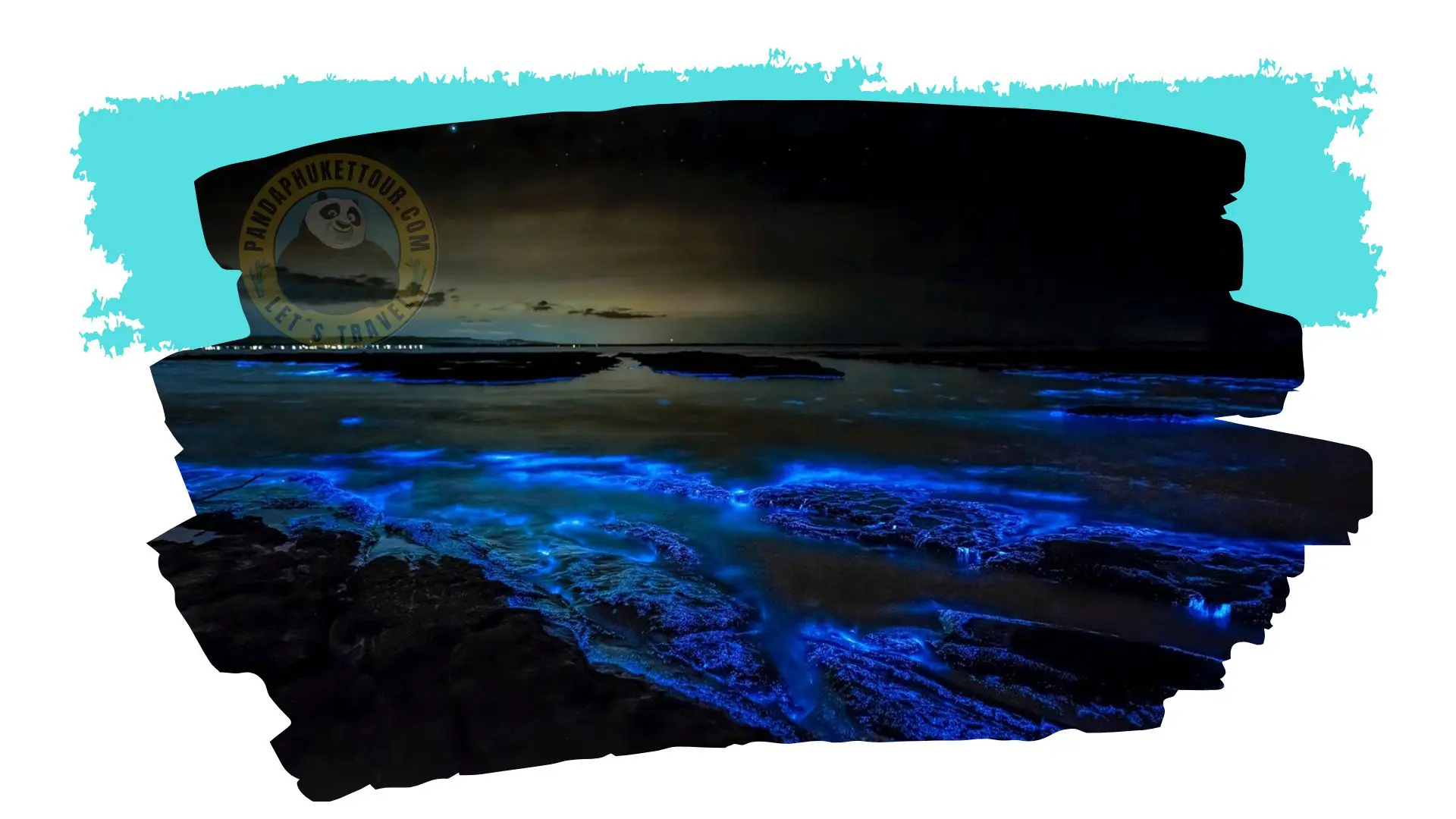 Plâncton bioluminescente a iluminar de azul a costa rochosa à noite, com luzes distantes no horizonte