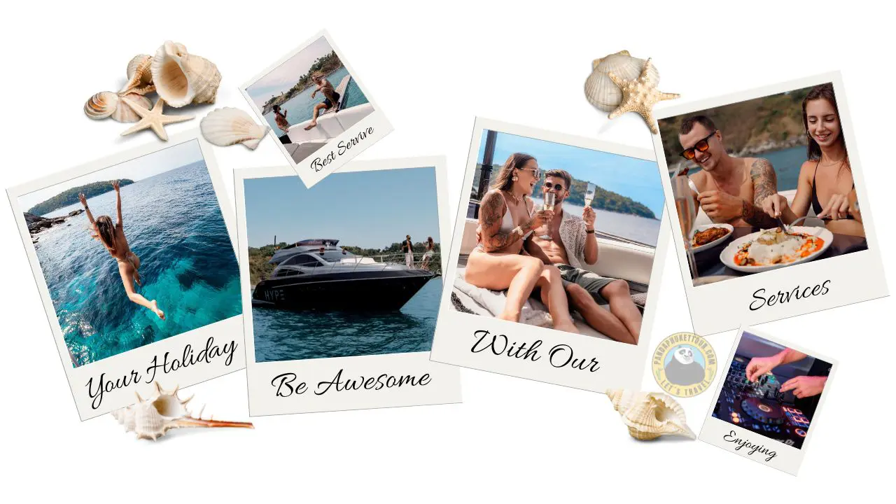 Collage de polaroids: chica saltando al mar, yate negro HYPE, pareja brindando, comida a bordo y un DJ