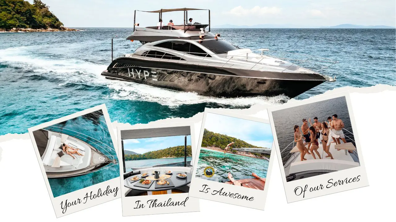 Black yacht bearing the HYPE name cruising by an island, with polaroids of food, swimming and the party on board