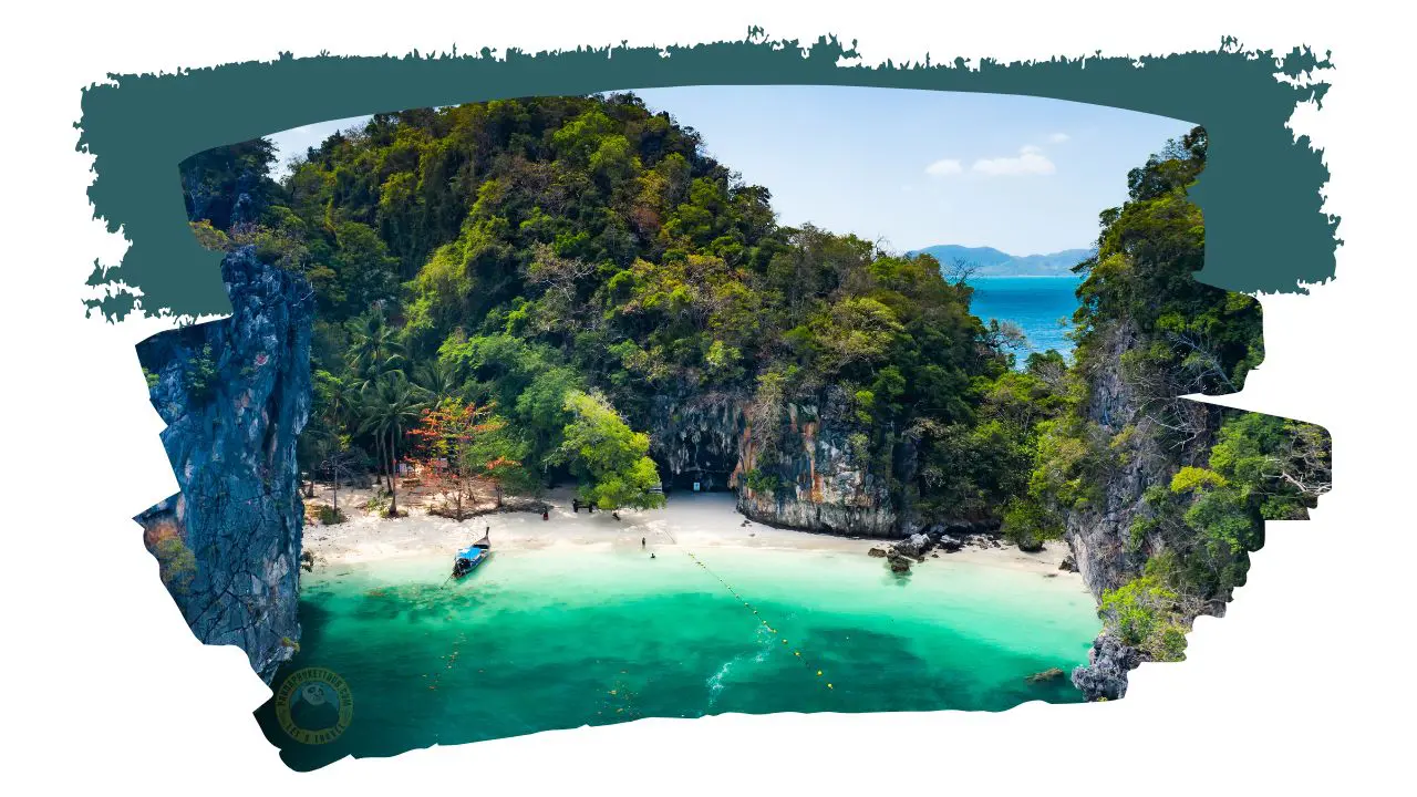 Cove with a cave at the back of the beach and a longtail boat, seen from the air in a green brushstroke frame