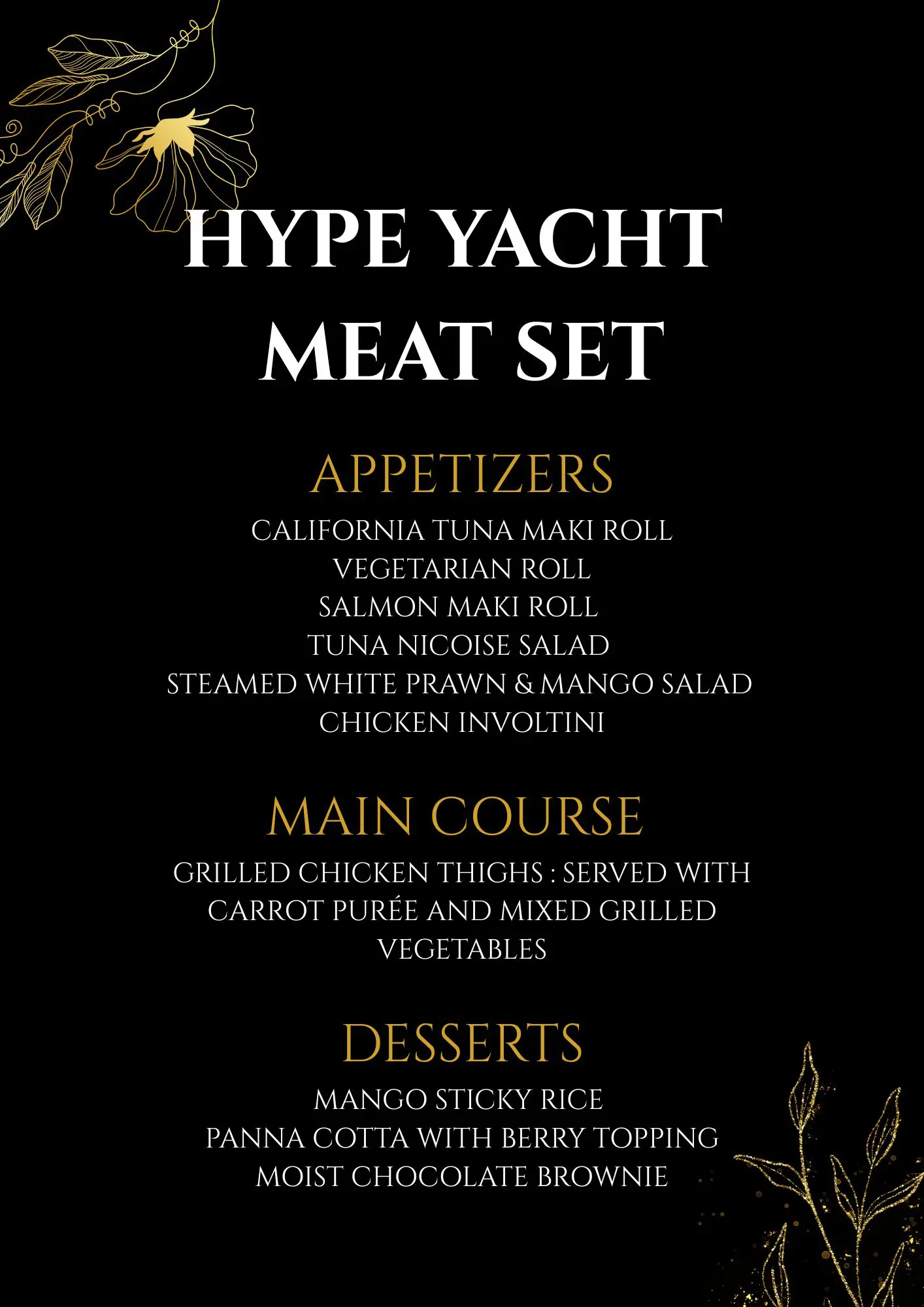 Menú de carne servido a bordo del yate