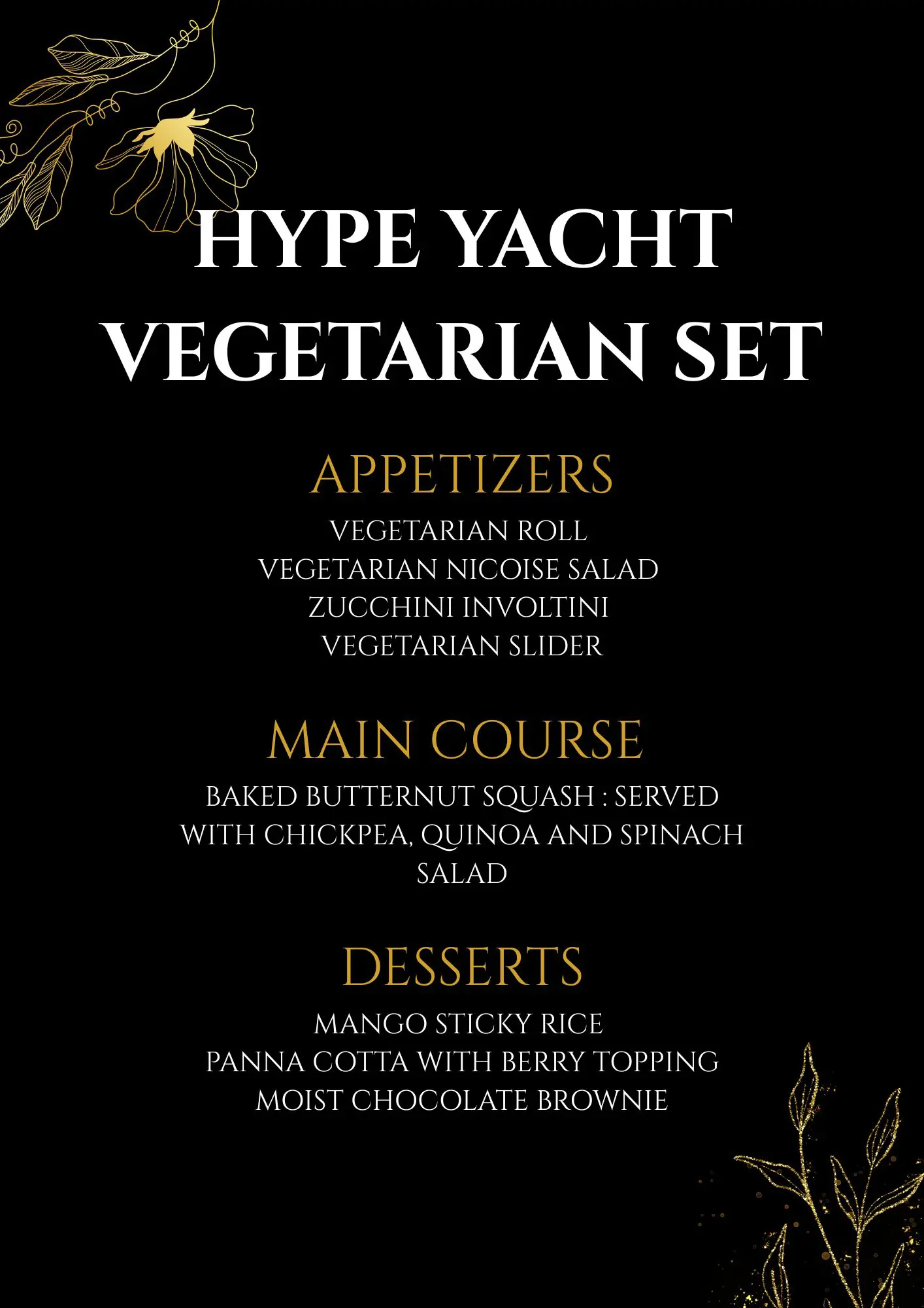 Menú vegetariano servido a bordo del yate