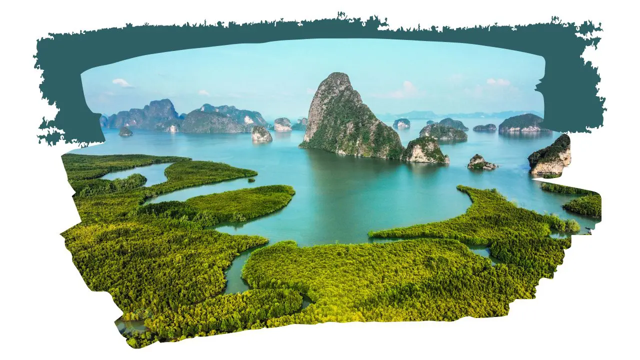 Cutout with a green brushstroke frame: mangroves in front and a large limestone peak in a bay dotted with islets