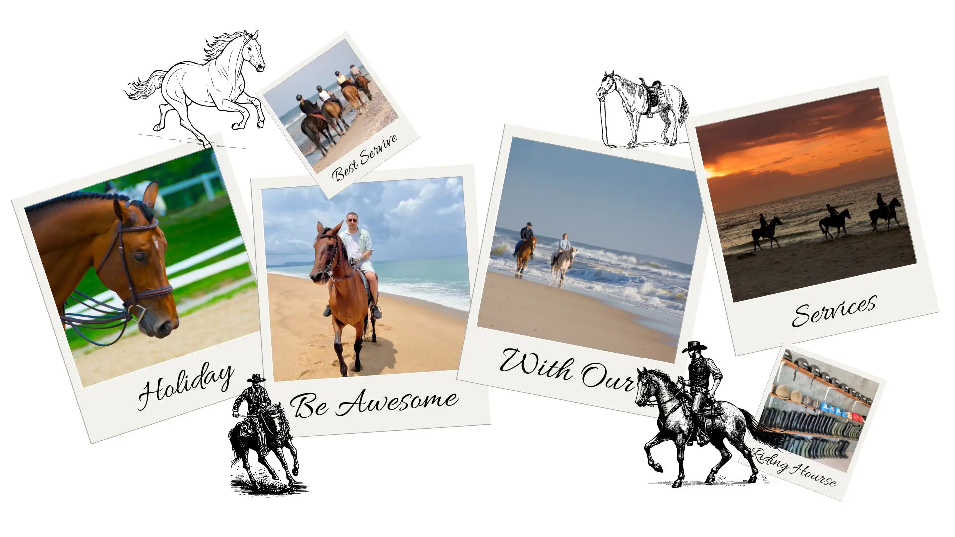 Colagem de polaroids de passeios a cavalo na praia e na pista, com desenhos de cavalos e letreiros em inglês