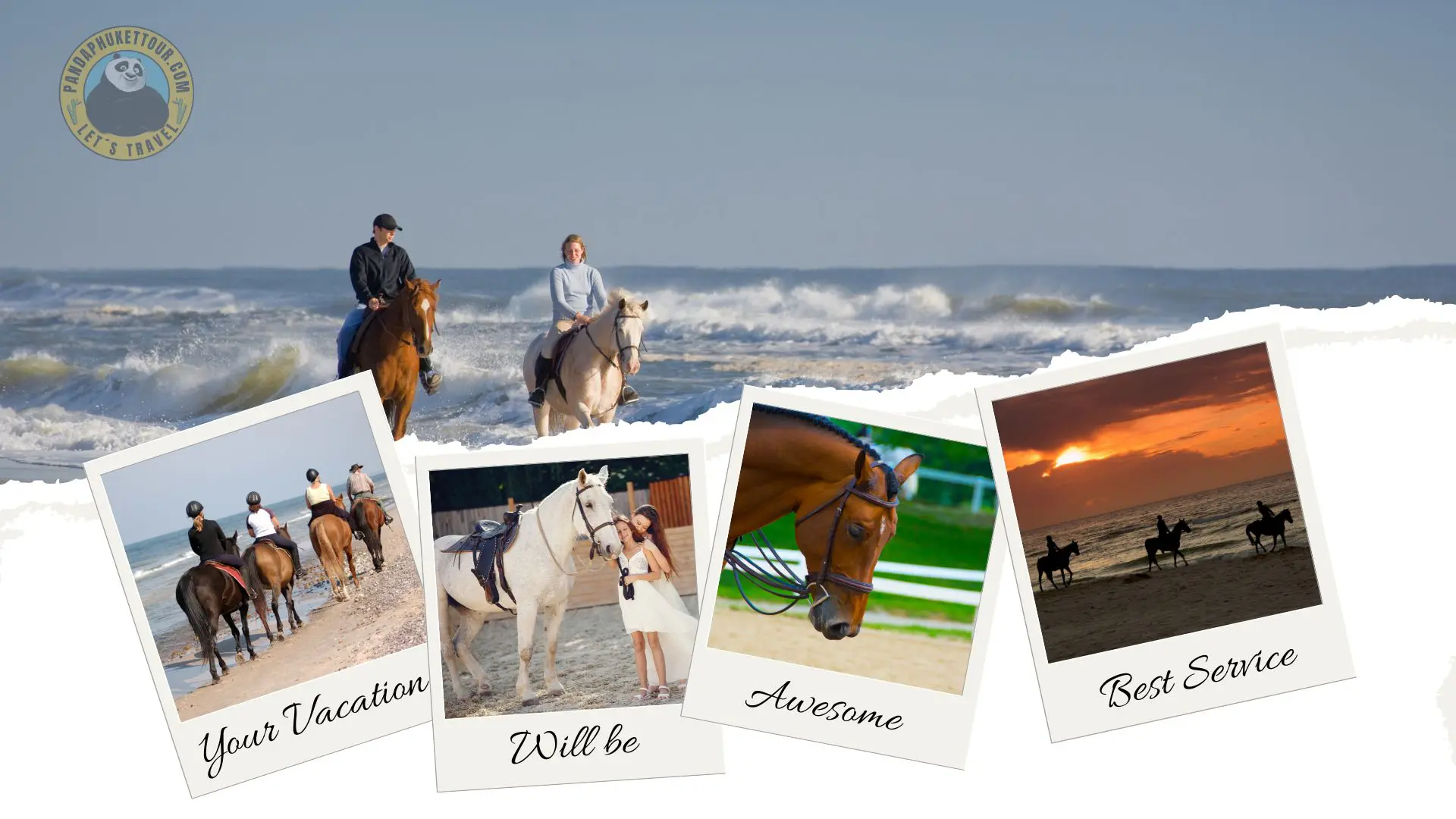 Colagem com o logótipo da Panda Phuket Tour: dois cavaleiros junto às ondas e polaroids de passeios a cavalo