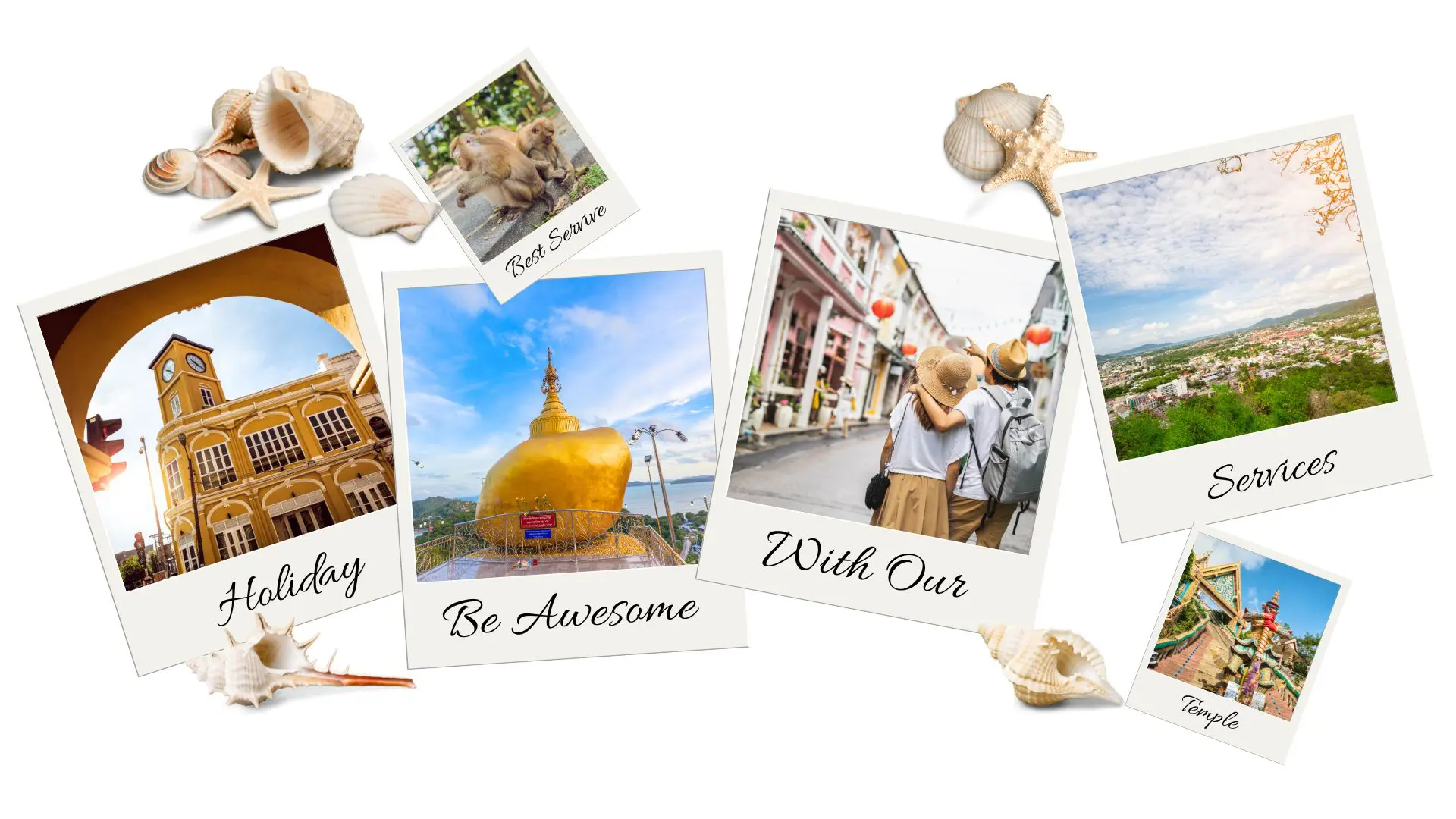 Polaroid-style photo collage with the clock tower, the golden rock, monkeys, the viewpoint and an old street