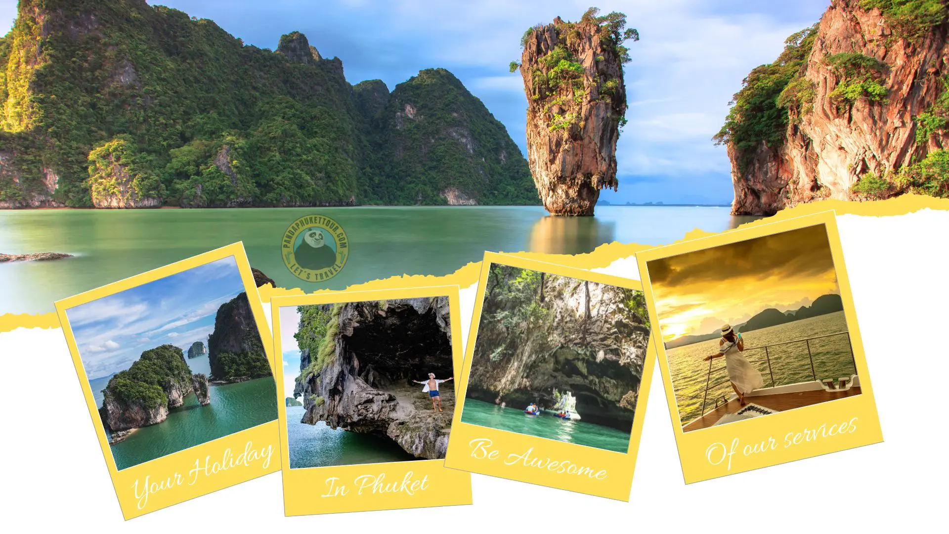 Colagem com a rocha de Khao Ta-Pu e quatro polaroides: ilhas, uma gruta, canoas e um pôr do sol visto do barco