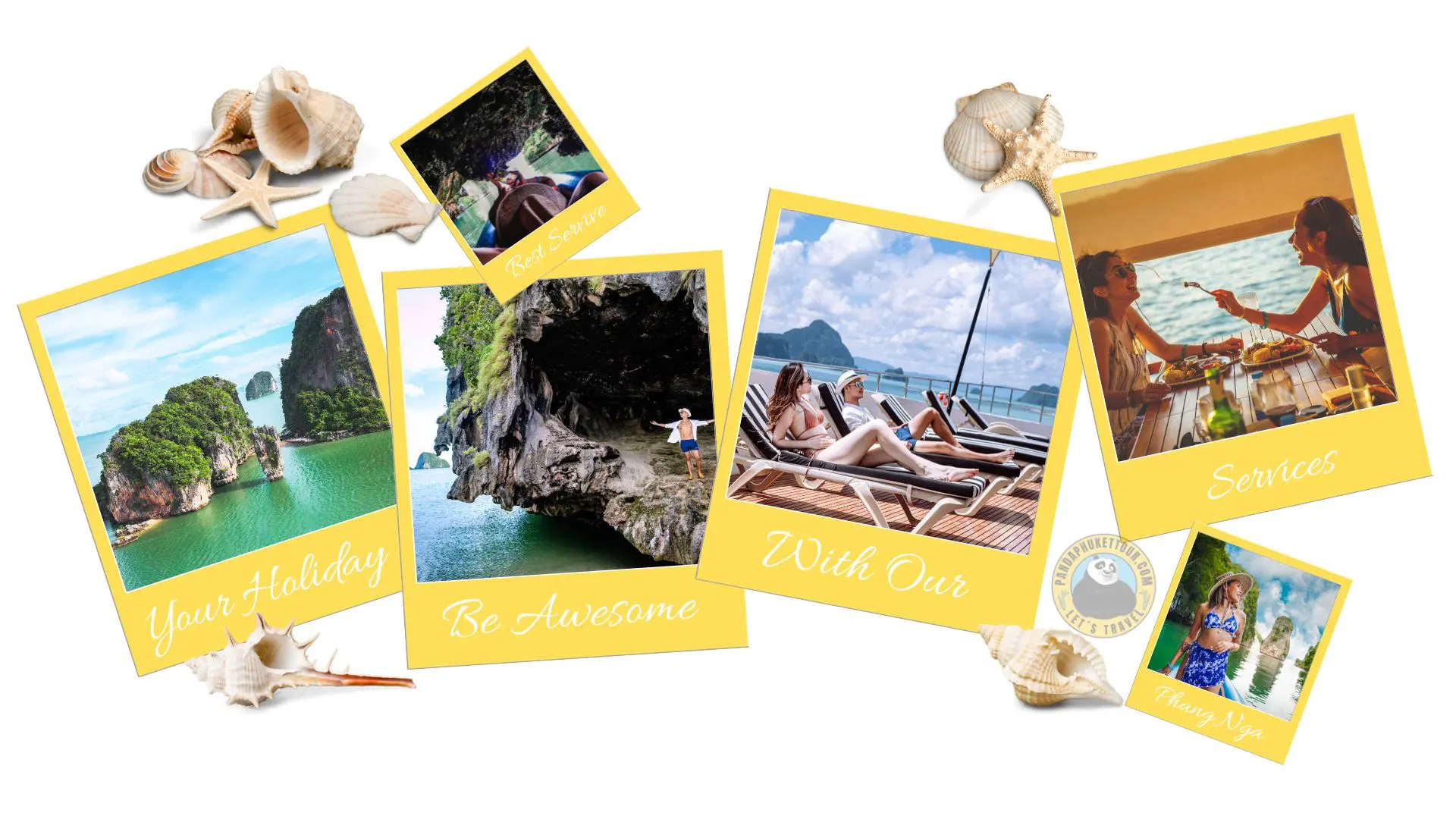 Colagem de seis polaroides entre conchas e estrelas-do-mar: ilhéus, gruta, canoas, espreguiçadeiras, um jantar e uma viajante