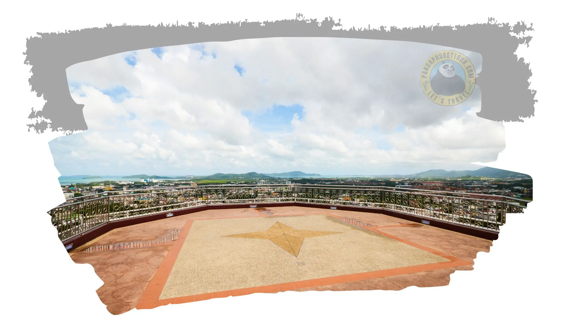 Viewpoint terrace with a star on the floor and a metal railing above the city and sea, under white clouds