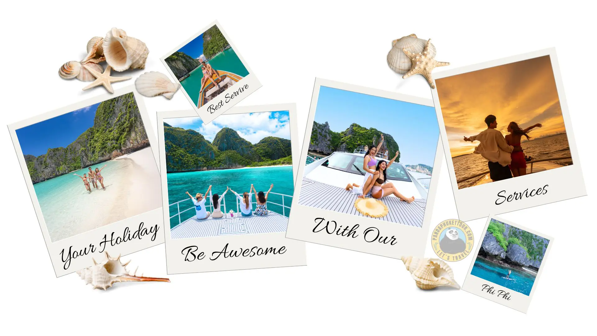 Colagem de polaroides com conchas: banhistas na praia, viajantes na proa, um pôr do sol e um remador de pé