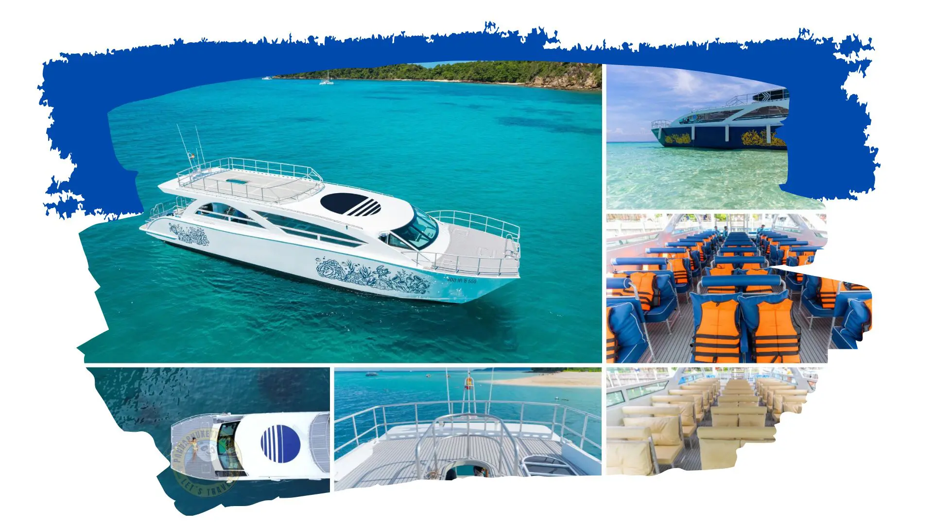 Montagem com o catamarã branco fundeado em águas turquesa, o seu convés e os assentos com coletes laranja