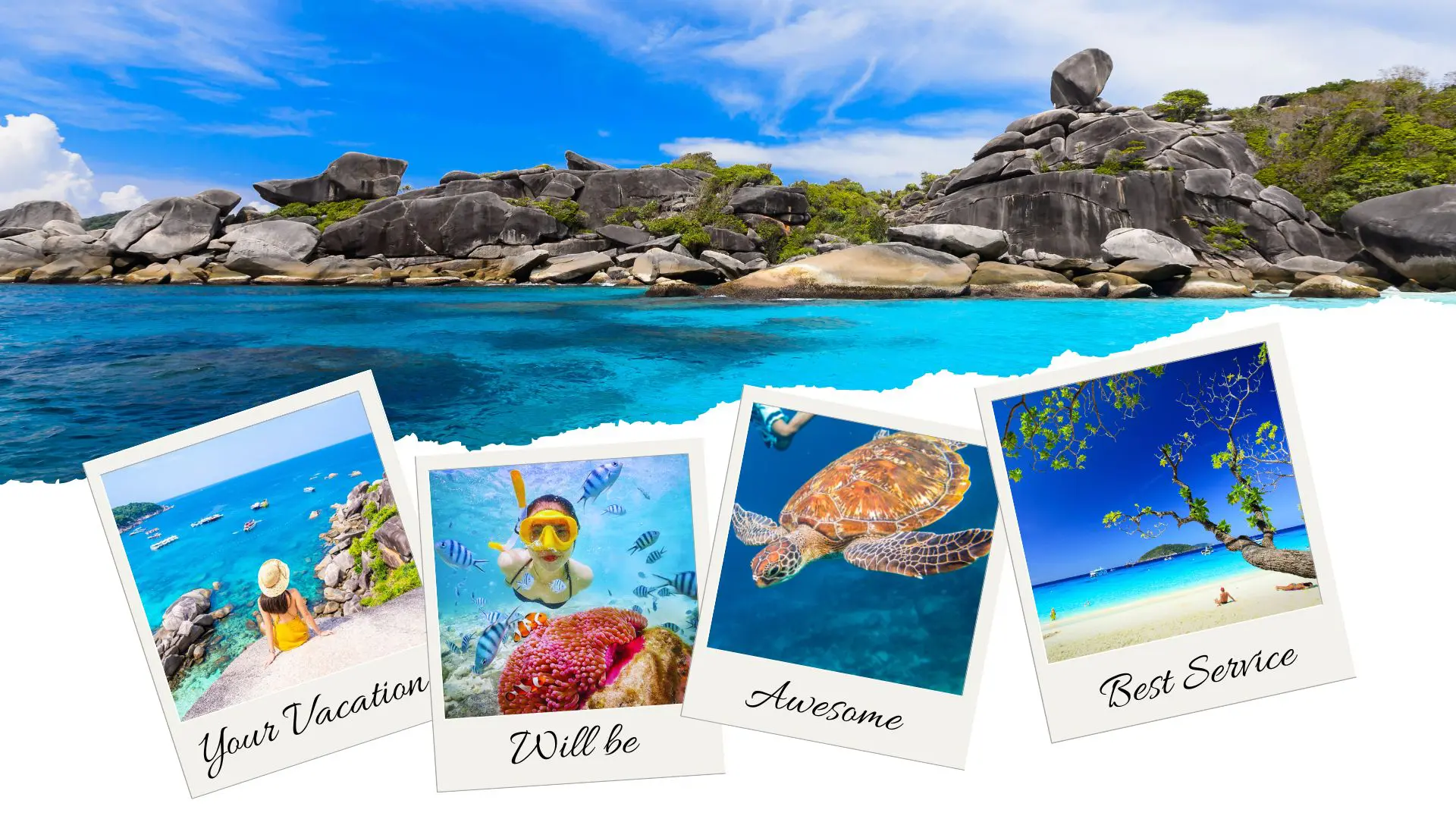 Colagem: costa de rochas de granito e água turquesa, com polaroides de uma viajante, snorkel, uma tartaruga e uma praia