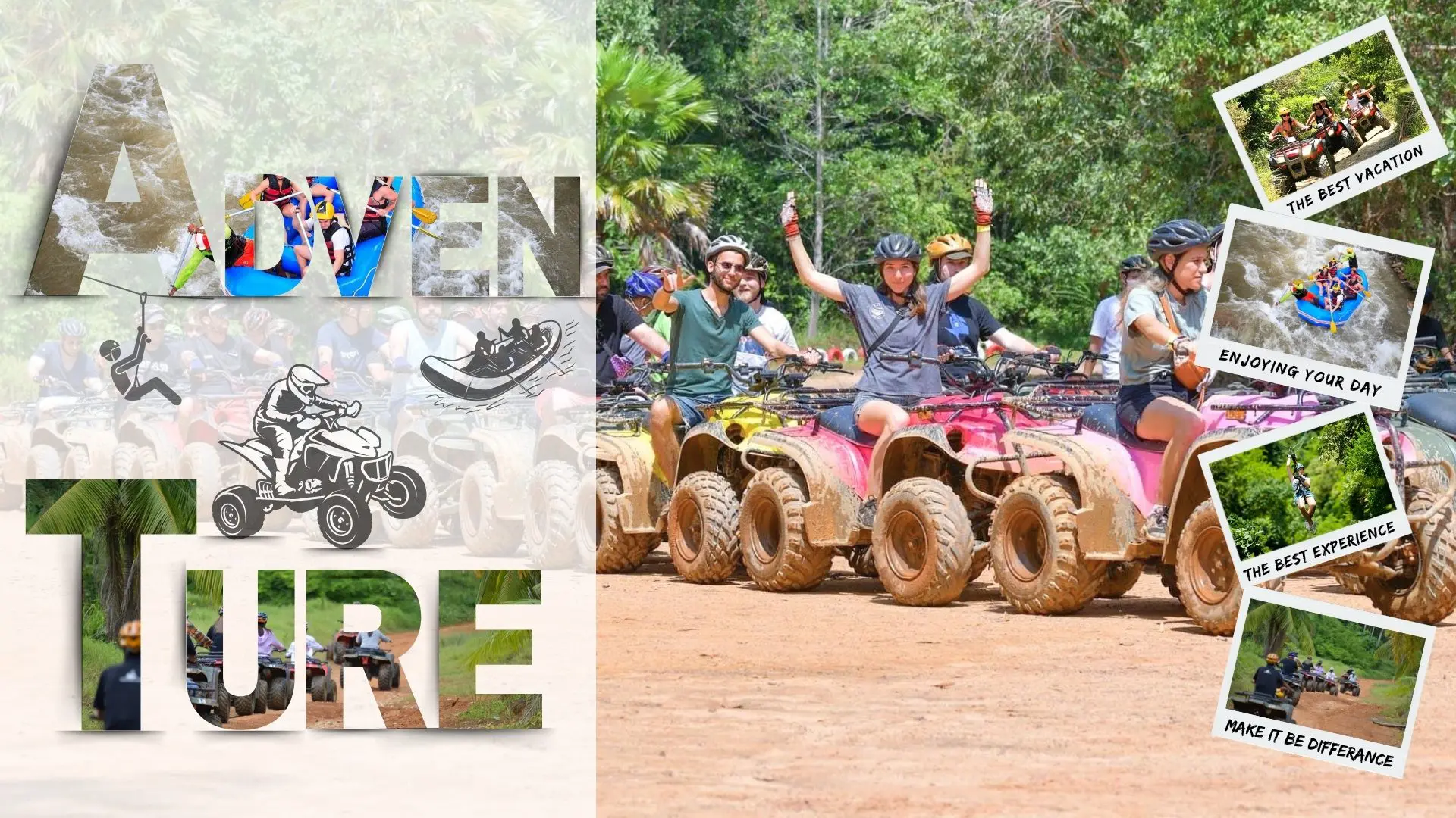 Group of helmeted travelers celebrating on muddy quads on a dirt track, with rafting photos