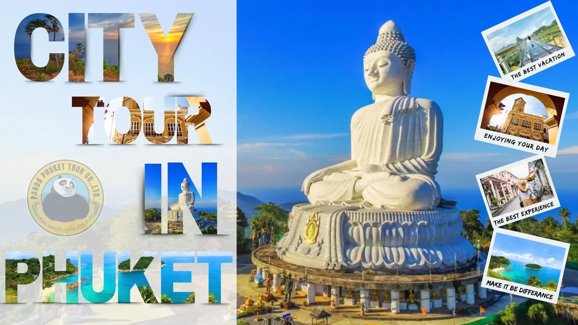 Large white seated Buddha on the hill in Phuket, with the Panda Phuket Tour logo and old town photos