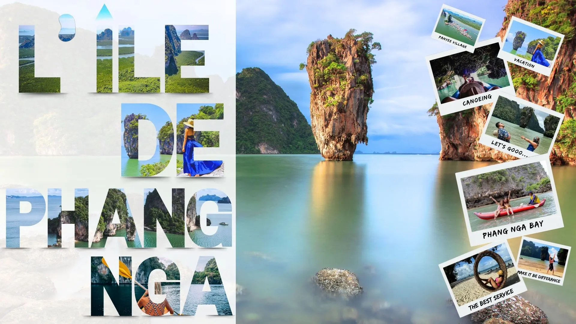 Excursiones Phuket en Familia - James Bond Island Bahía Phang Nga Îlot de calcaire émergeant d’une mer calme dans la baie de Phang Nga, avec des photos de canoë et de village flottant