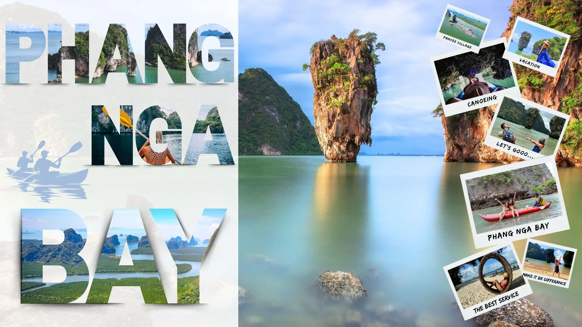 Limestone islet rising from the calm sea in Phang Nga Bay, with photos of a canoe and a floating village