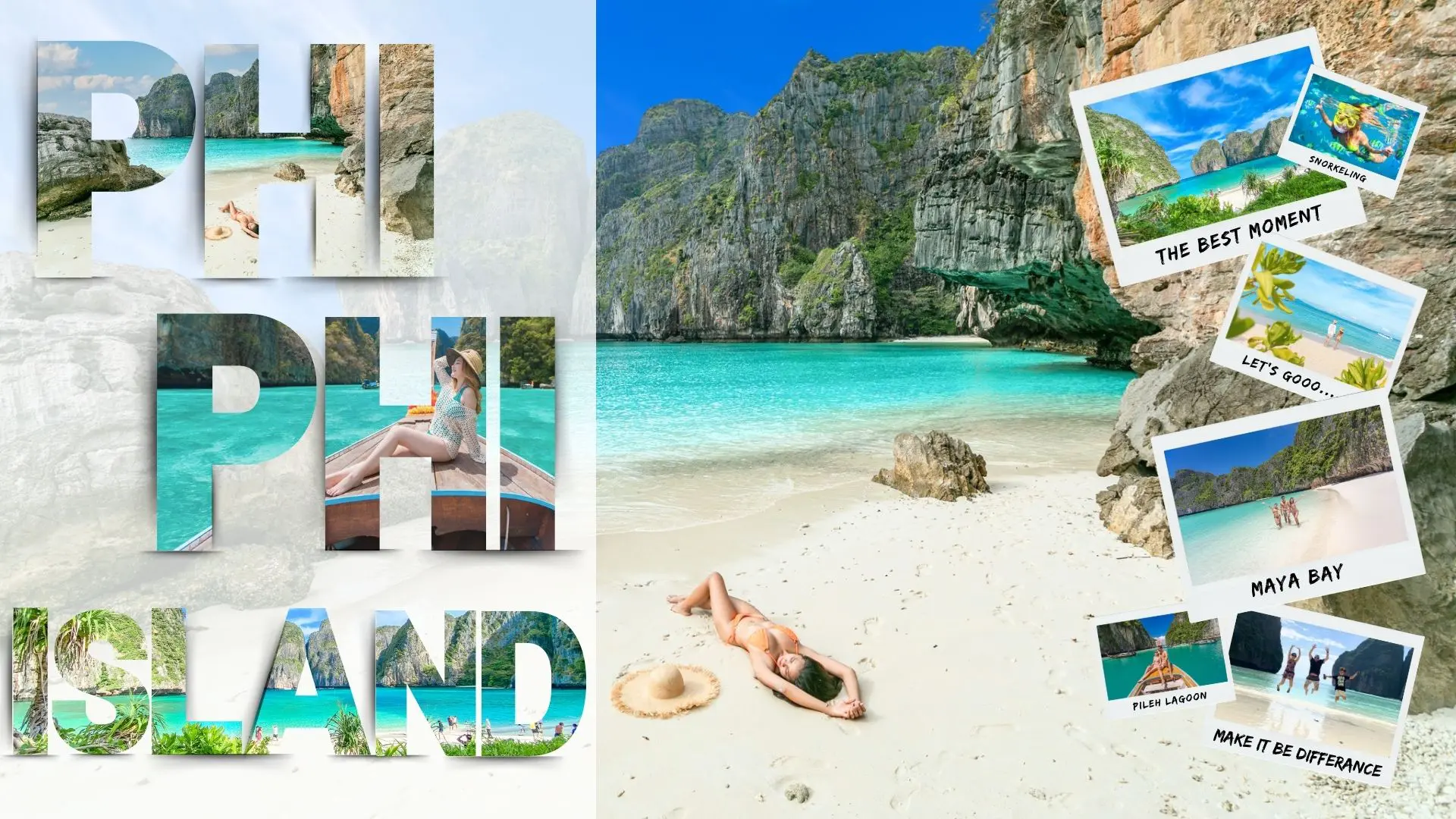 Woman lying on the white sand of a Phi Phi cove between cliffs, with photos of Maya Bay and Pileh Lagoon