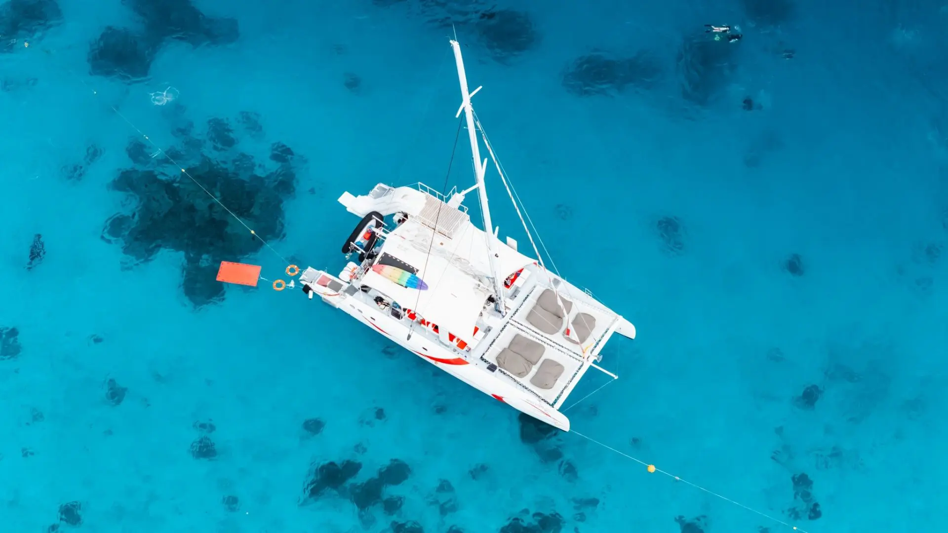 Overhead view of the catamaran anchored over turquoise water with patches of coral and a diver nearby