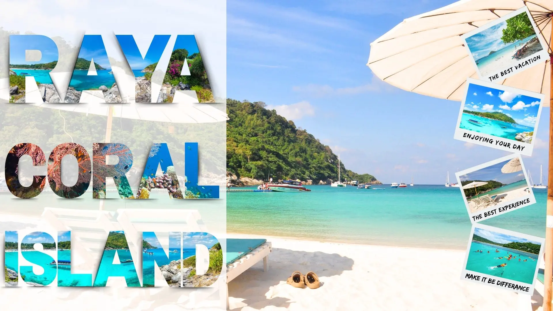 Parasol and wooden hammock on the white sand facing a turquoise bay with boats at anchor