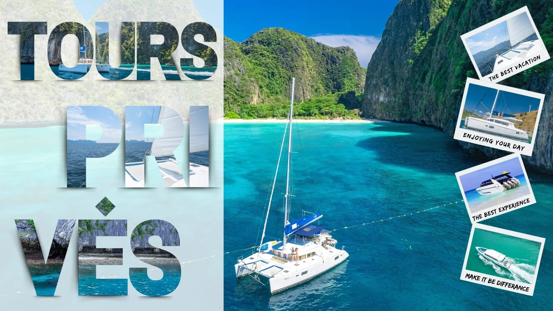 Tours Privados Phuket para familias - grupos reducidos Catamaran à voile ancré dans une baie turquoise sous des falaises calcaires, avec photos de yachts et de bateaux rapides