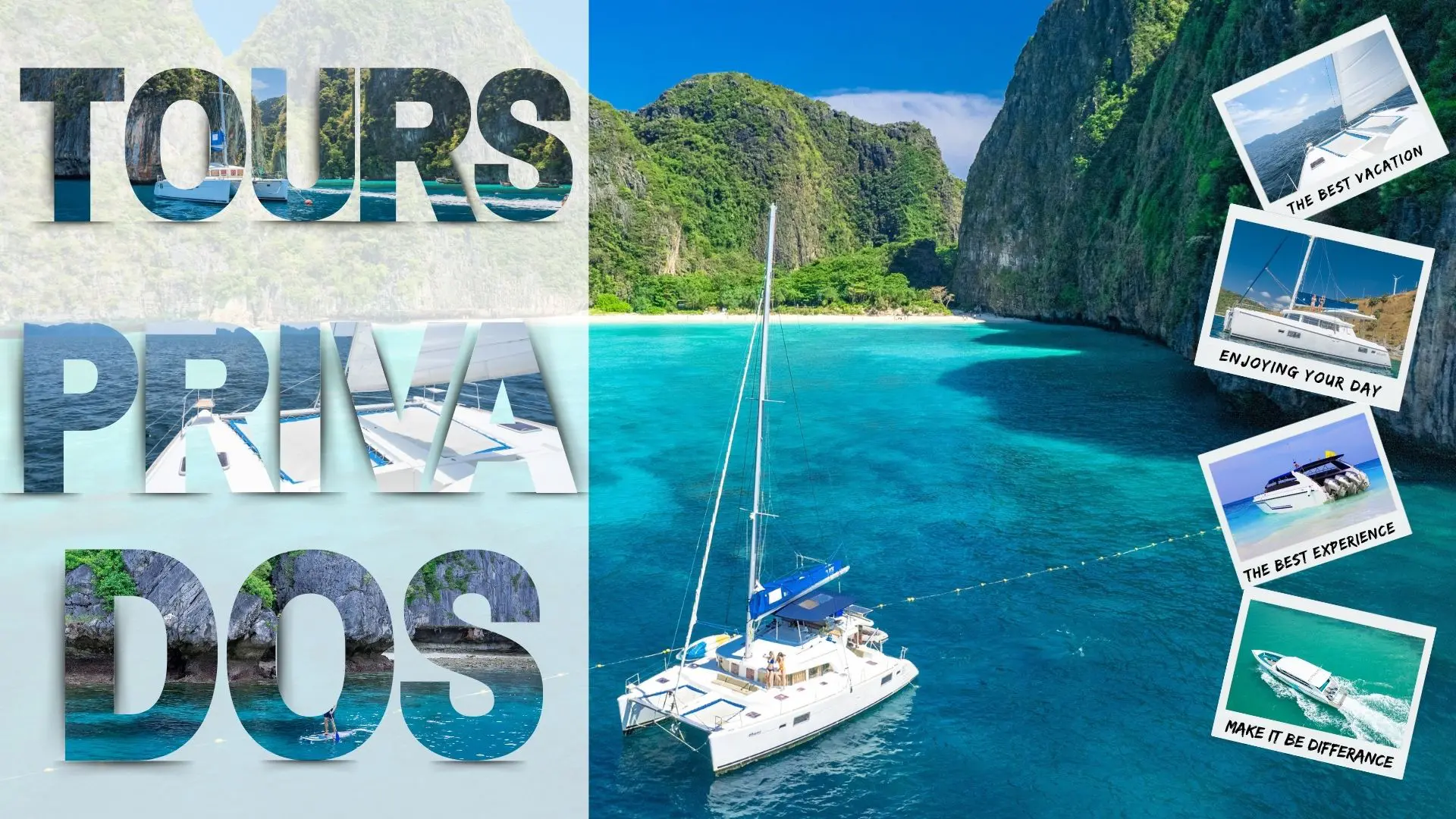 Tours Privados en Phuket Catamarán de vela fondeado en una bahía turquesa bajo acantilados de roca caliza, con fotos de yates y lanchas
