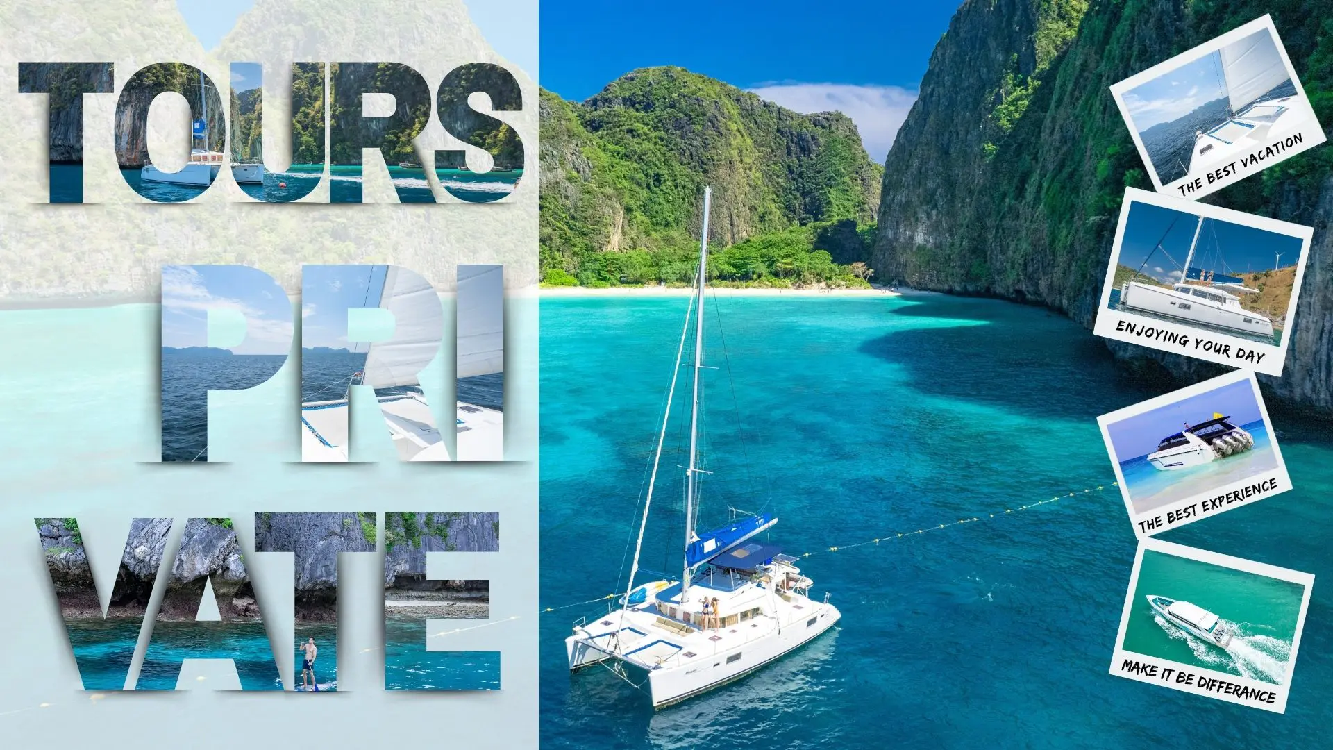 Sailing catamaran anchored in a turquoise bay below limestone cliffs, with photos of yachts and speedboats