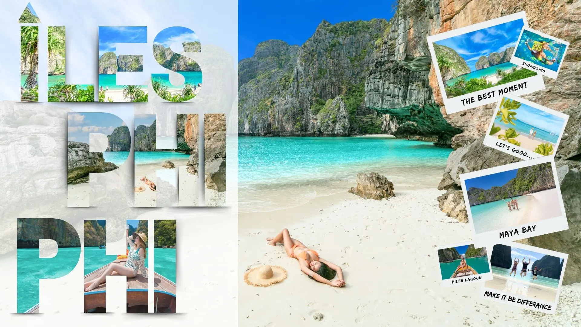 Islas Phi Phi Phuket en familia - snorkel y playas paradisíacas Femme allongée sur le sable blanc d’une crique de Phi Phi entre les falaises, avec photos de Maya Bay et Pileh Lagoon