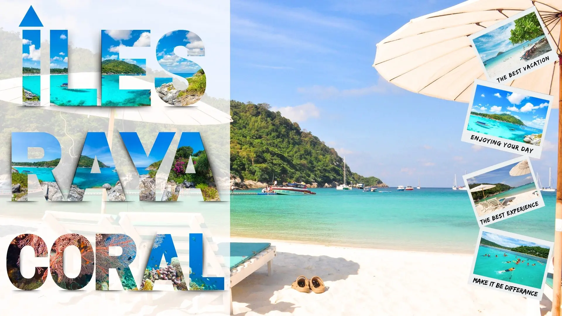 Excursión Isla Coral Phuket en familia - snorkel y playa Parasol et transat en bois sur le sable blanc face à une baie turquoise avec des bateaux au mouillage