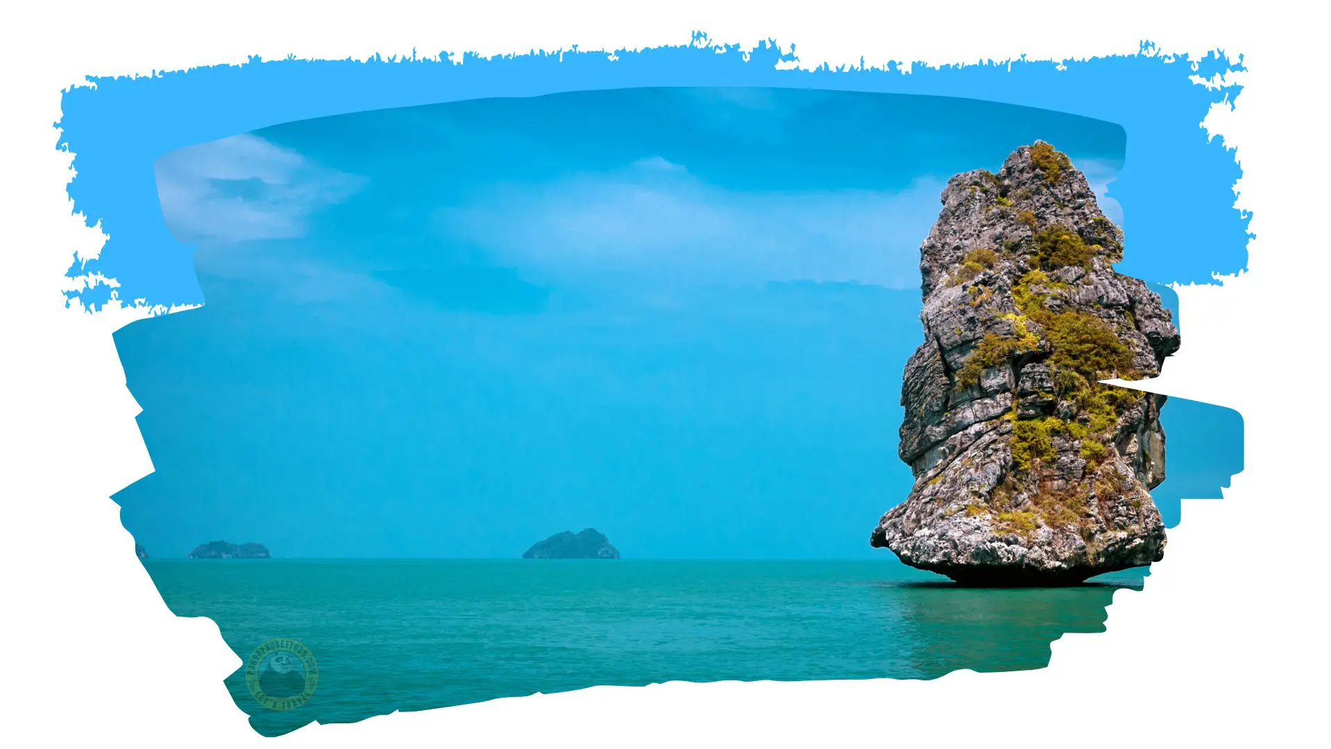 Lone limestone rock with patches of moss in a greenish sea and two distant islets, in a blue brushstroke frame